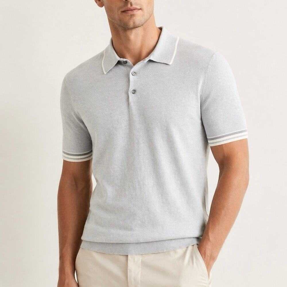Reiss Men’s Knit Tipped Collar Polo Shirt Light Heather Gray Size Small